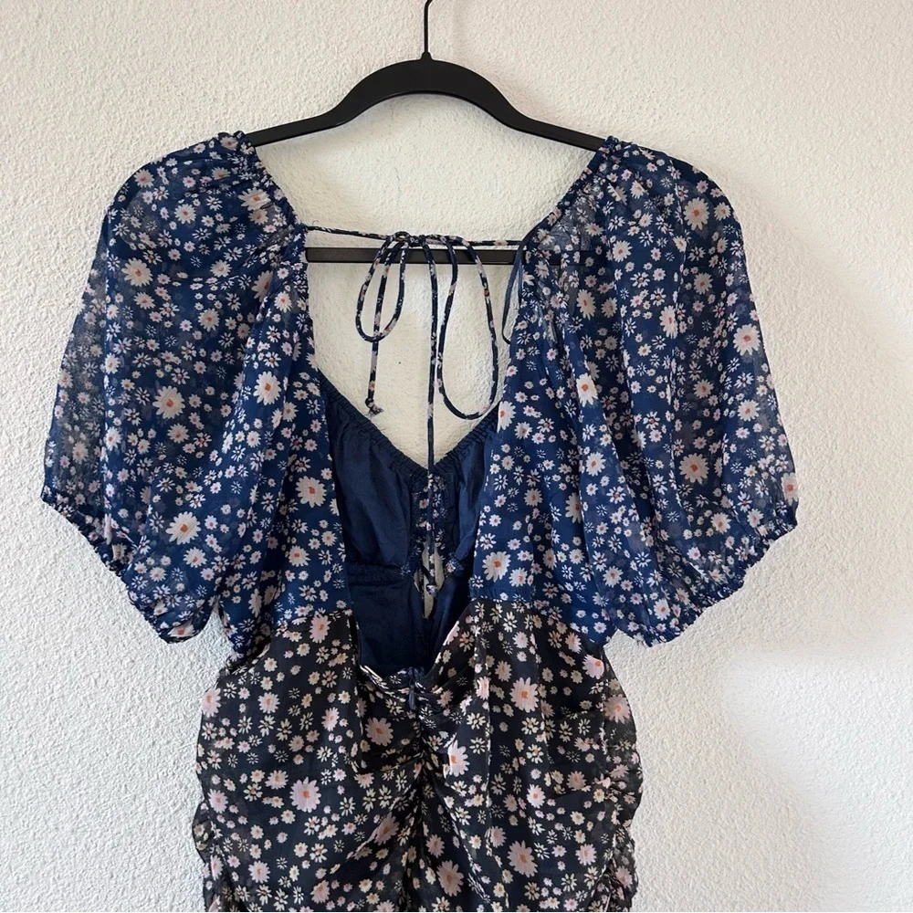 Free People Women’s Dress Medium Blue Gray Dixie Floral Print Off Shoulders Date